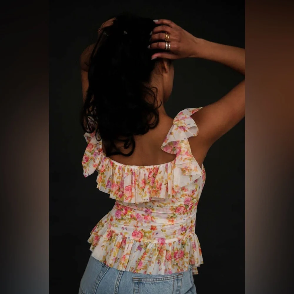 Tach NWT CASPIA FLORAL Ruffle Top Womens Size XS retails $186 - Picture 2 of 8